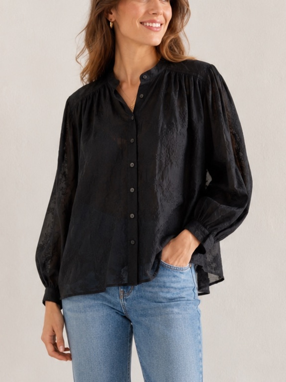 GAP Black Petite Button-Front Textured Blouse Long Sleeve Sheer Y2K Girly Shirt